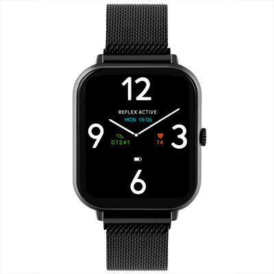 Black smartwatch with a square face and mesh metal band.