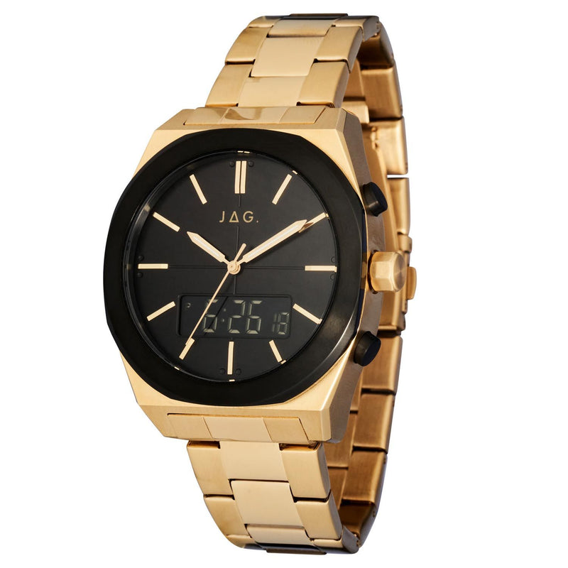 Gold-toned wristwatch with a black dial face and digital display.