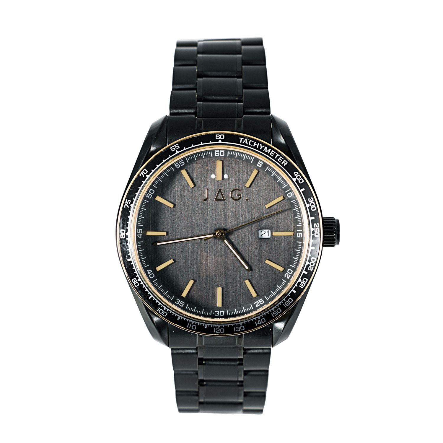 Black wristwatch with gold accents and a metal bracelet.