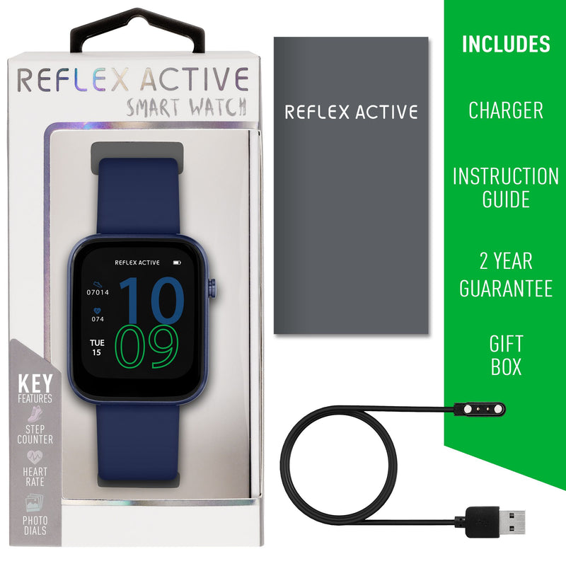 Reflex Active smart watch with a navy blue strap and digital display.