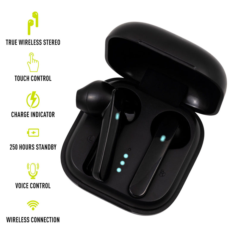 Pair of black wireless earbuds in an open charging case with feature icons displayed alongside.