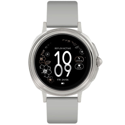 Smartwatch with a round display and light gray band.