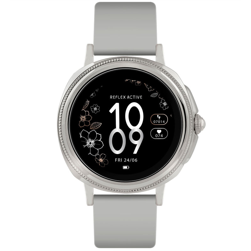 Smartwatch with a round display and light gray band.