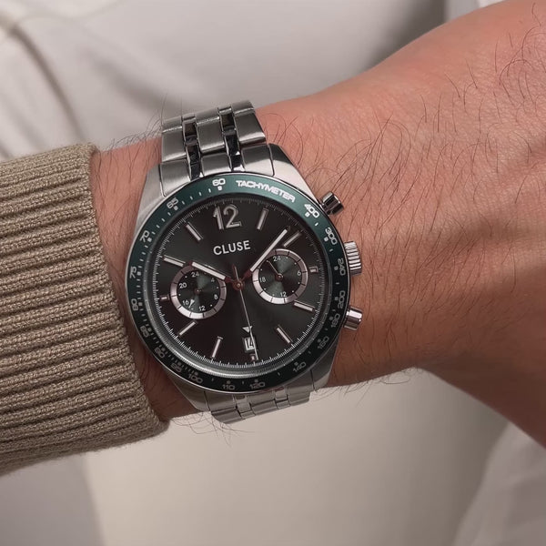 CLUSE Aravis Dual Time Chronograph Green Dial Stainless Steel Link Band Watch CW25602