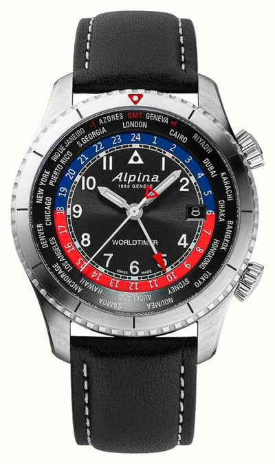 Alpina wristwatch with a black dial, red and blue accents, and a black leather strap.