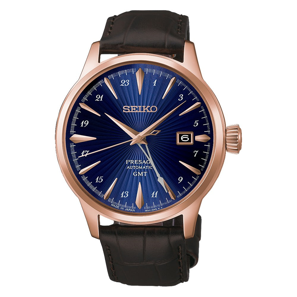 Seiko Presage Cocktail Time GMT HCB005J with blue dial, rose gold-tone case and brown leather strap, front view on white — Watch Direct Australia