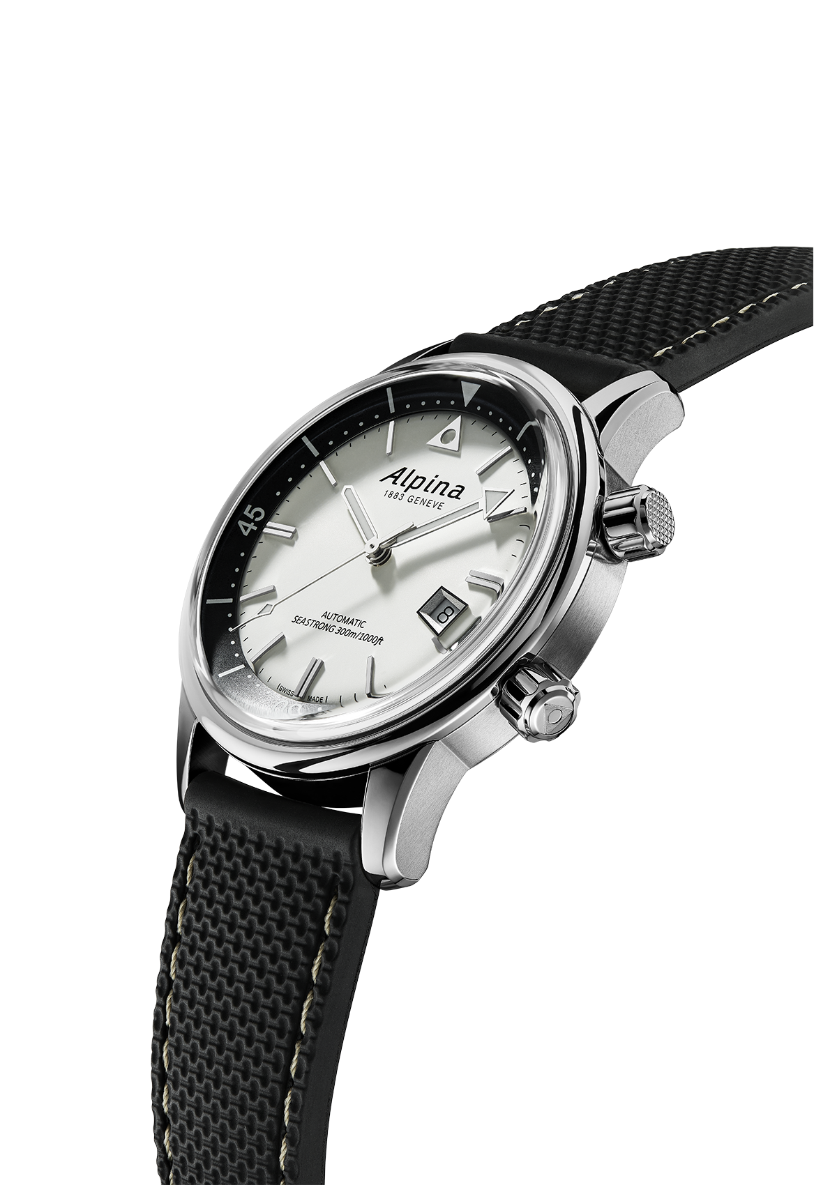 Wristwatch with a silver case, white dial, and black textured strap.