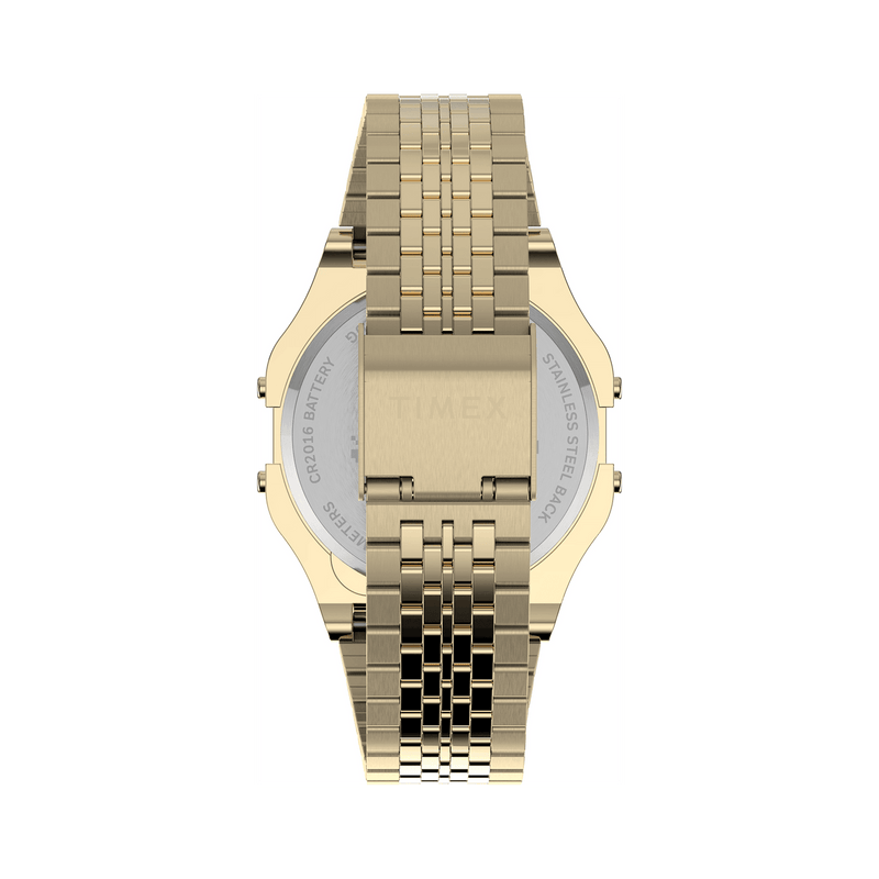 Gold-toned digital wristwatch with a metal link bracelet.