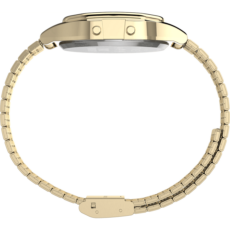 Gold-toned wristwatch with a metal bracelet band.