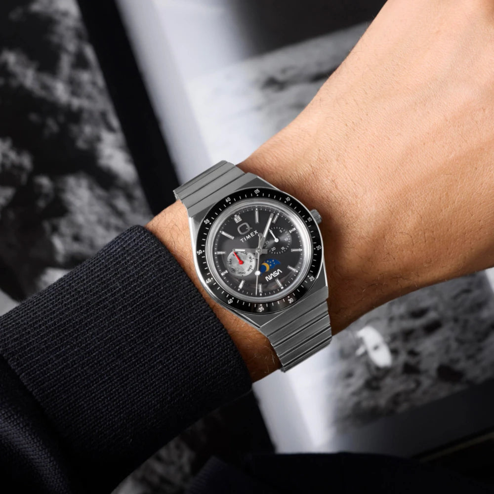 Timex Q Nasa Day-Date Moonphase Black Dial Stainless Steel Watch TW2Y56700