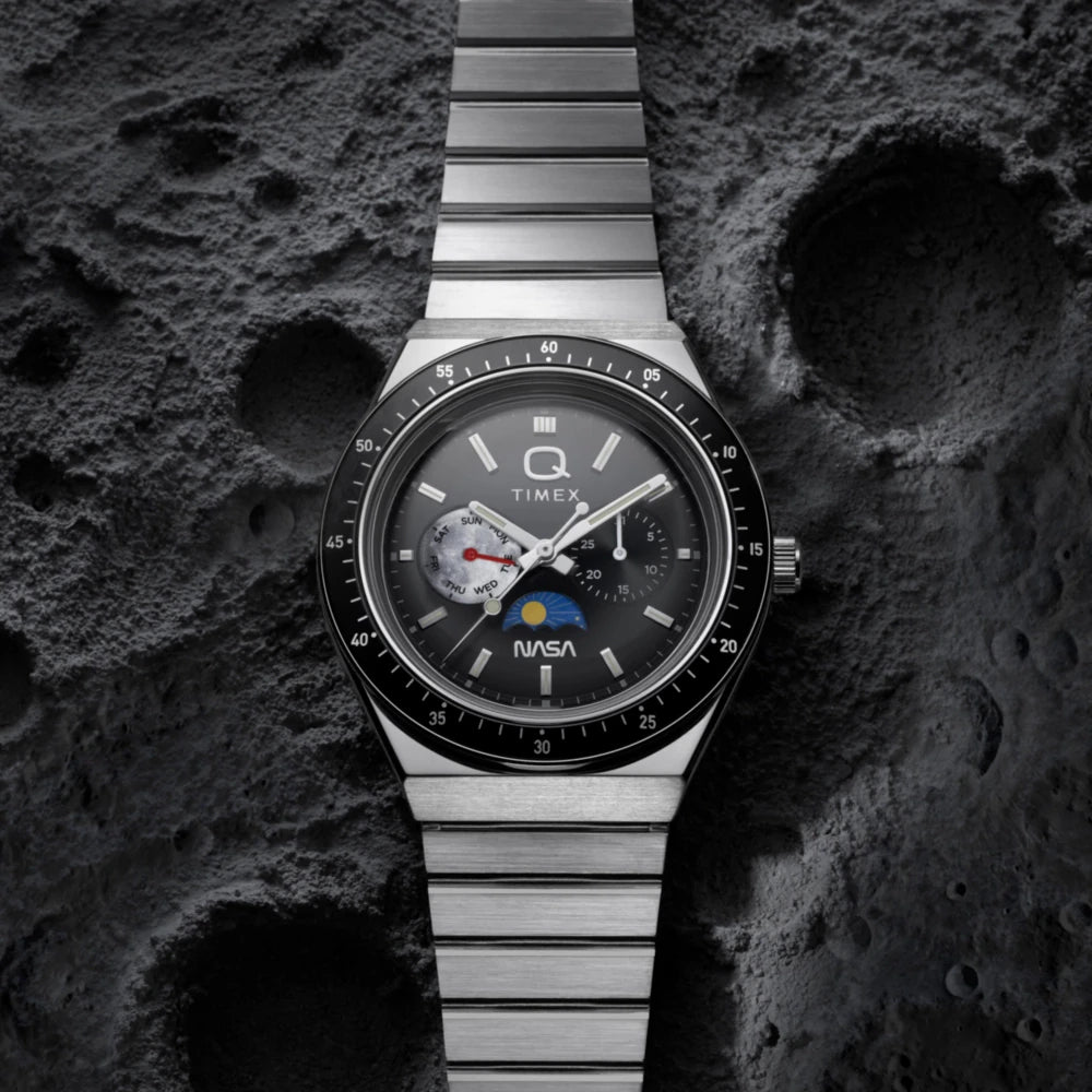 Timex Q Nasa Day-Date Moonphase Black Dial Stainless Steel Watch TW2Y56700