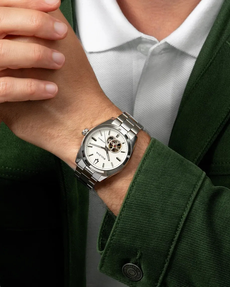Bulova Surveyor 96A345 automatic men's watch with white dial and silver-tone stainless steel bracelet — caseback view
