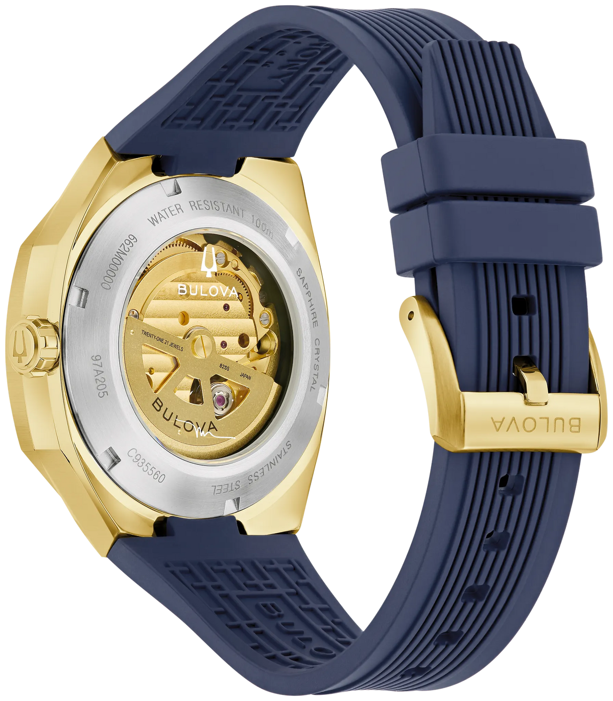 Bulova Marc Anthony Surveyor 97A205 automatic men's watch with blue sunray dial and blue rubber strap — angled view