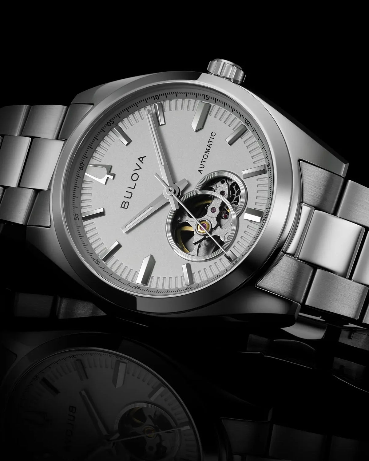 Bulova Surveyor 96A345 automatic men's watch with white dial and silver-tone stainless steel bracelet — strap detail
