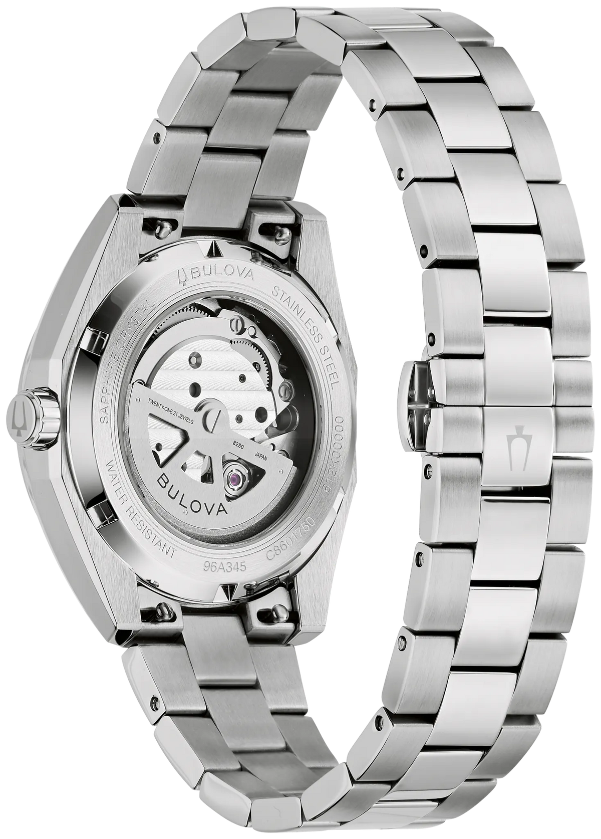 Bulova Surveyor 96A345 automatic men's watch with white dial and silver-tone stainless steel bracelet — angled view
