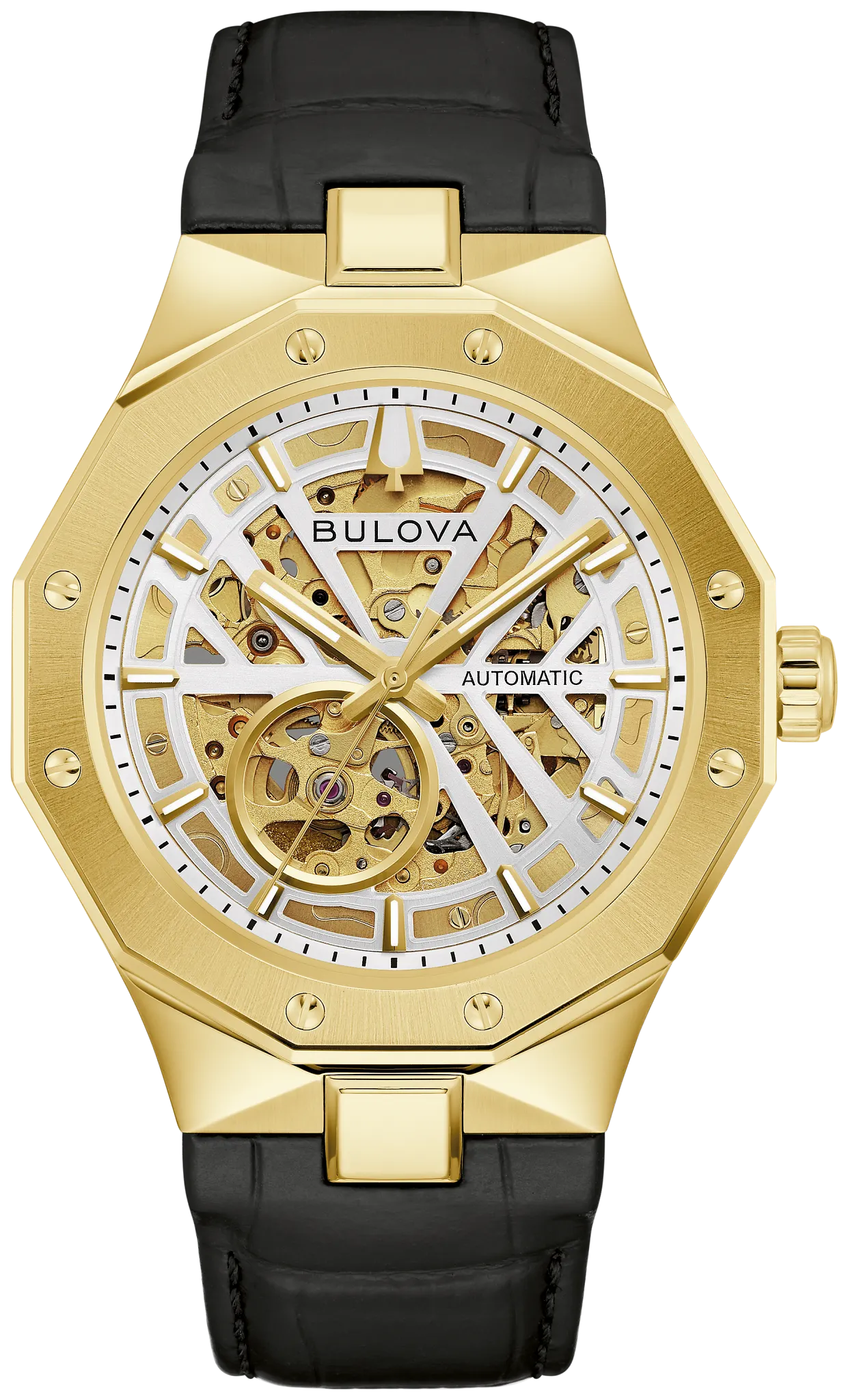 Bulova Prestige 97A206 automatic men's watch with silver-tone open dial, gold-tone faceted case and leather strap — front view