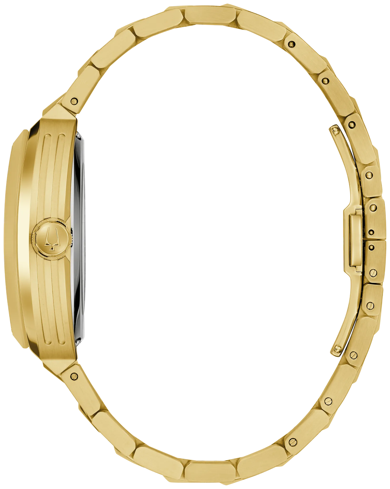 Bulova Maquina 97A207 automatic men's watch with skeletonised black dial and gold-tone stainless steel bracelet — detail view