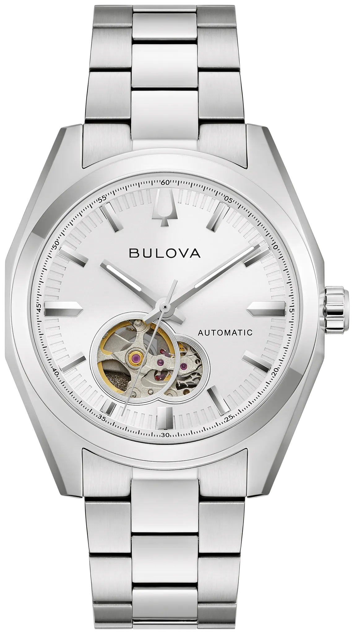 Bulova Surveyor 96A345 automatic men's watch with white dial and silver-tone stainless steel bracelet — front view