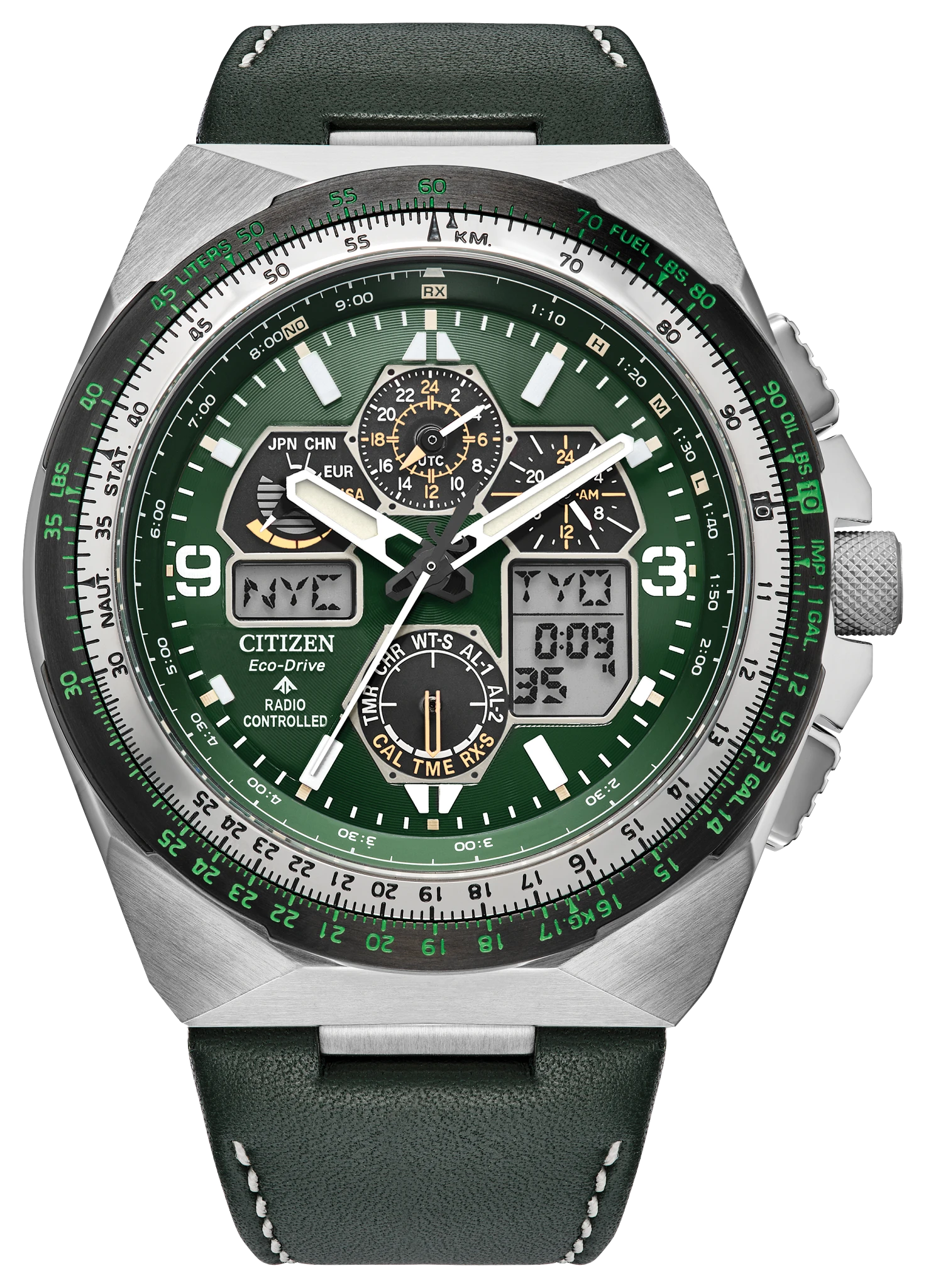 Citizen Promaster Skyhawk JY8147-01X green dial green leather close-up view