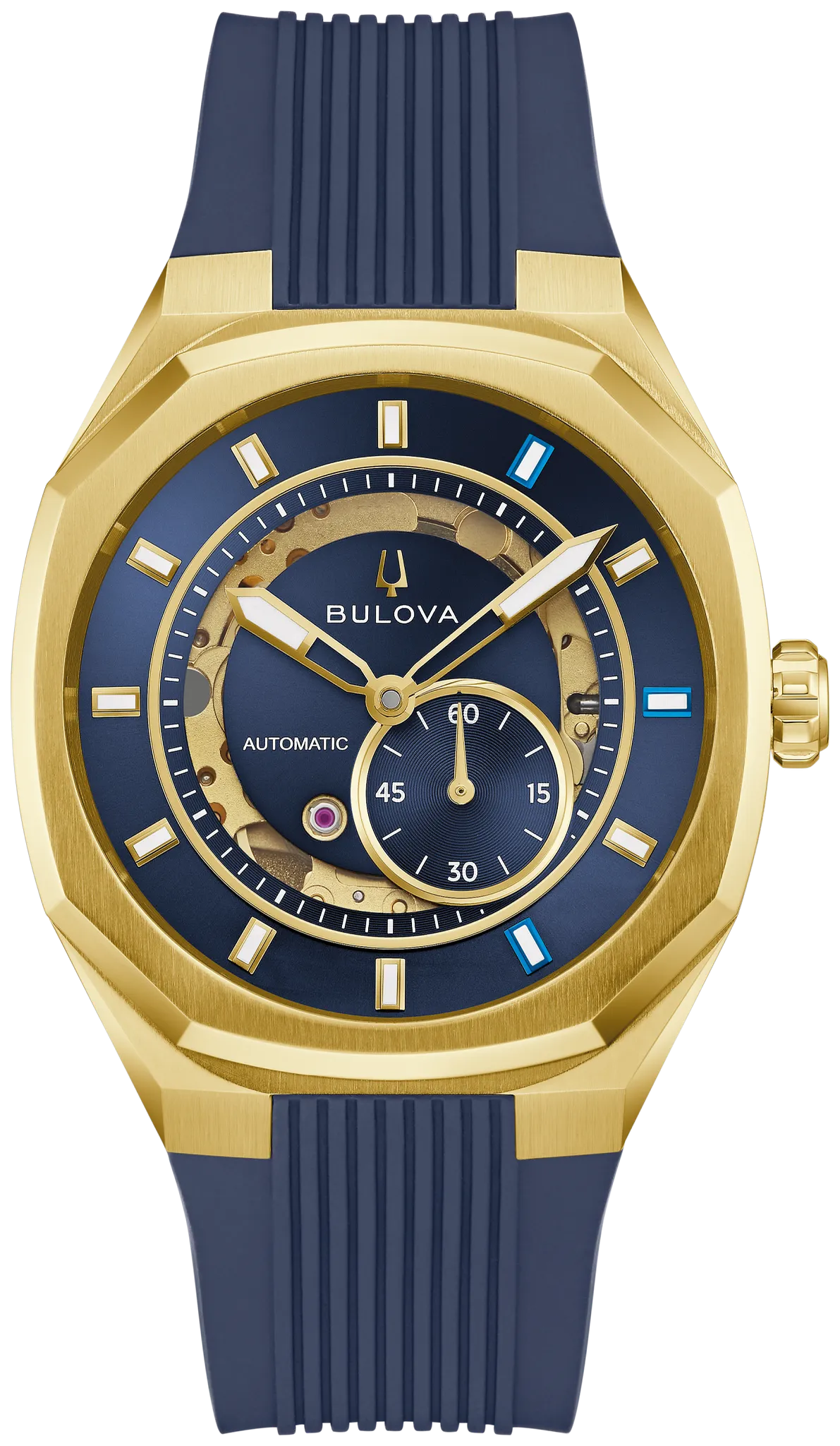 Bulova Marc Anthony Surveyor 97A205 automatic men's watch with blue sunray dial and blue rubber strap — front view