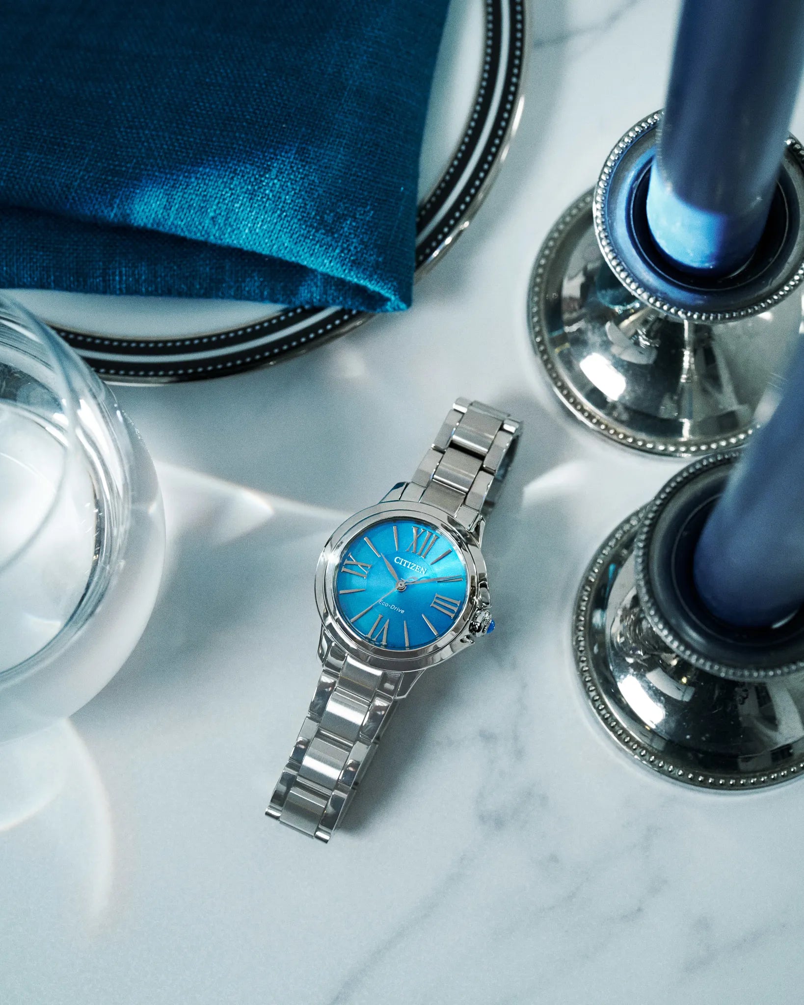 Citizen L Ceci EM1161-55L women's watch light blue dial silver stainless steel bracelet angled view