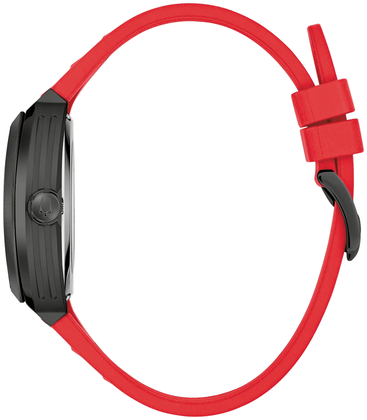 Bulova Maquina 98A341 black skeleton dial automatic, official third view showing case profile, red rubber strap and buckle detail
