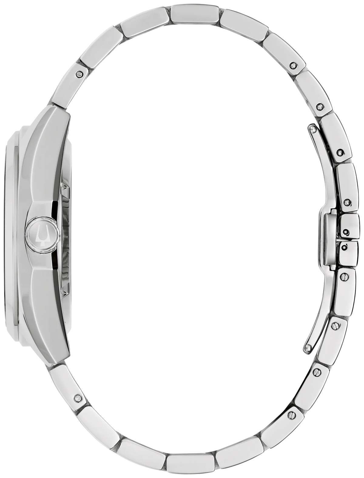 Bulova Surveyor 96A345 automatic men's watch with white dial and silver-tone stainless steel bracelet — detail view