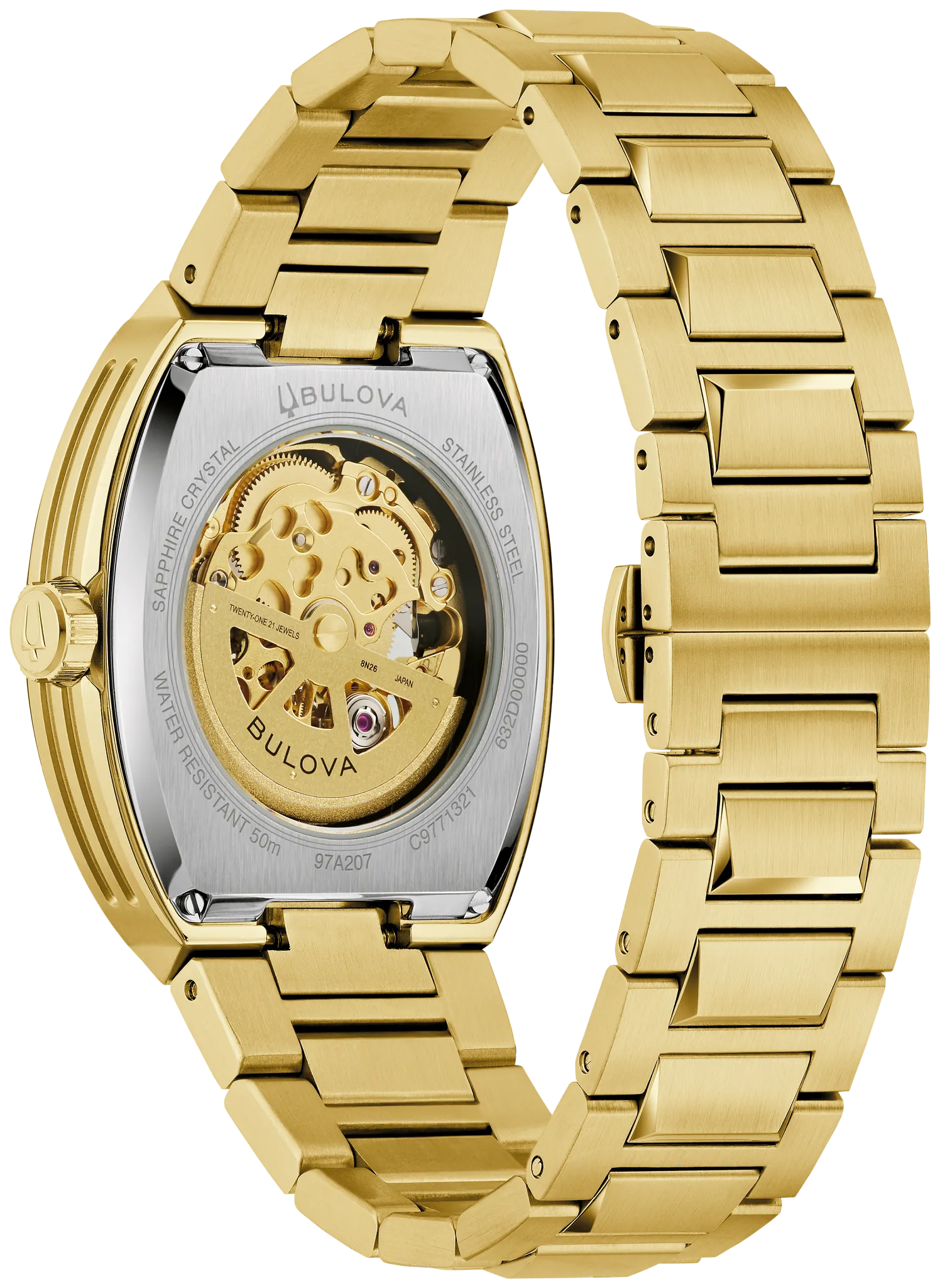Bulova Maquina 97A207 automatic men's watch with skeletonised black dial and gold-tone stainless steel bracelet — angled view