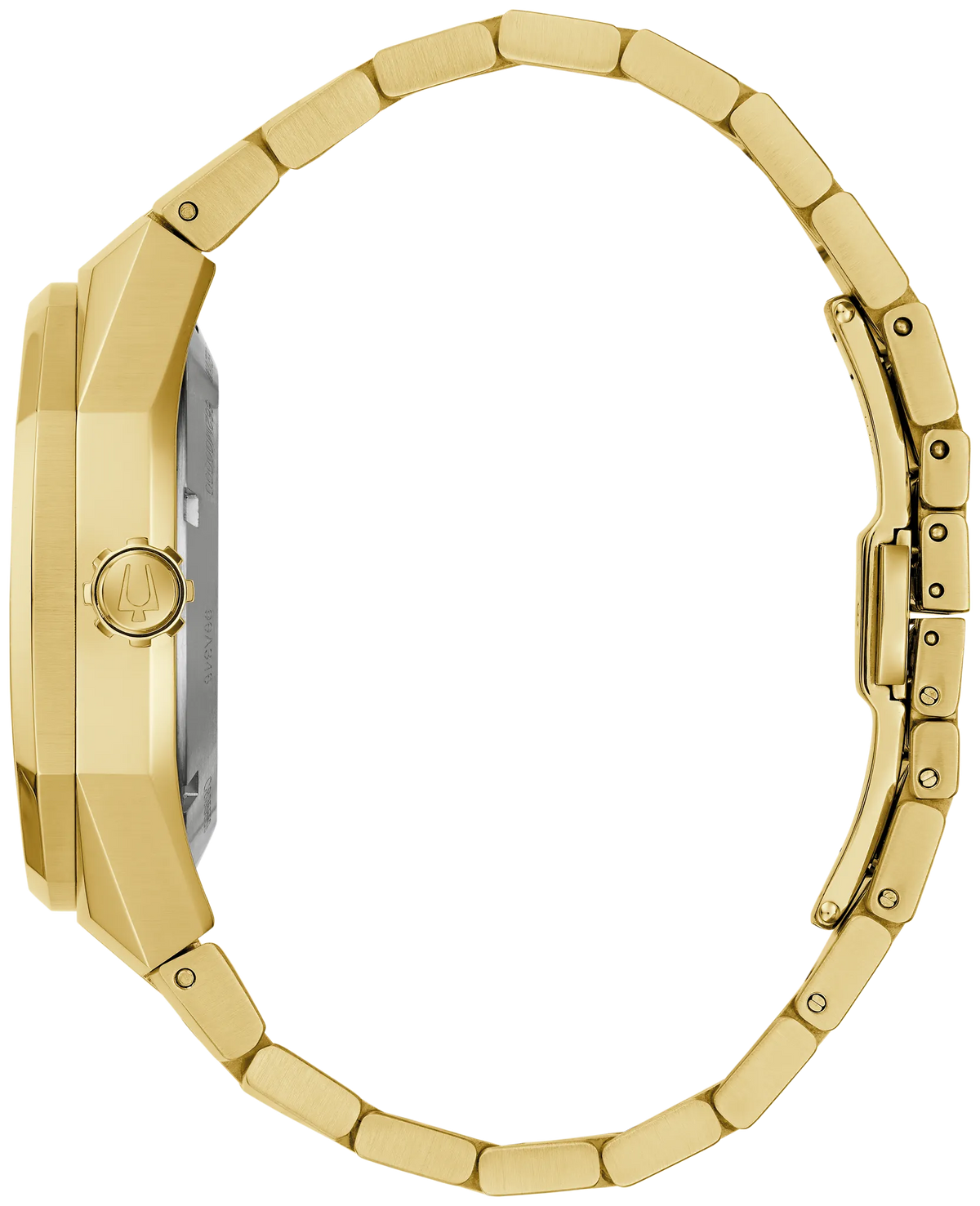 Bulova Marc Anthony Surveyor 97A204 automatic men's watch with black sunray dial and gold-tone stainless steel bracelet — detail view