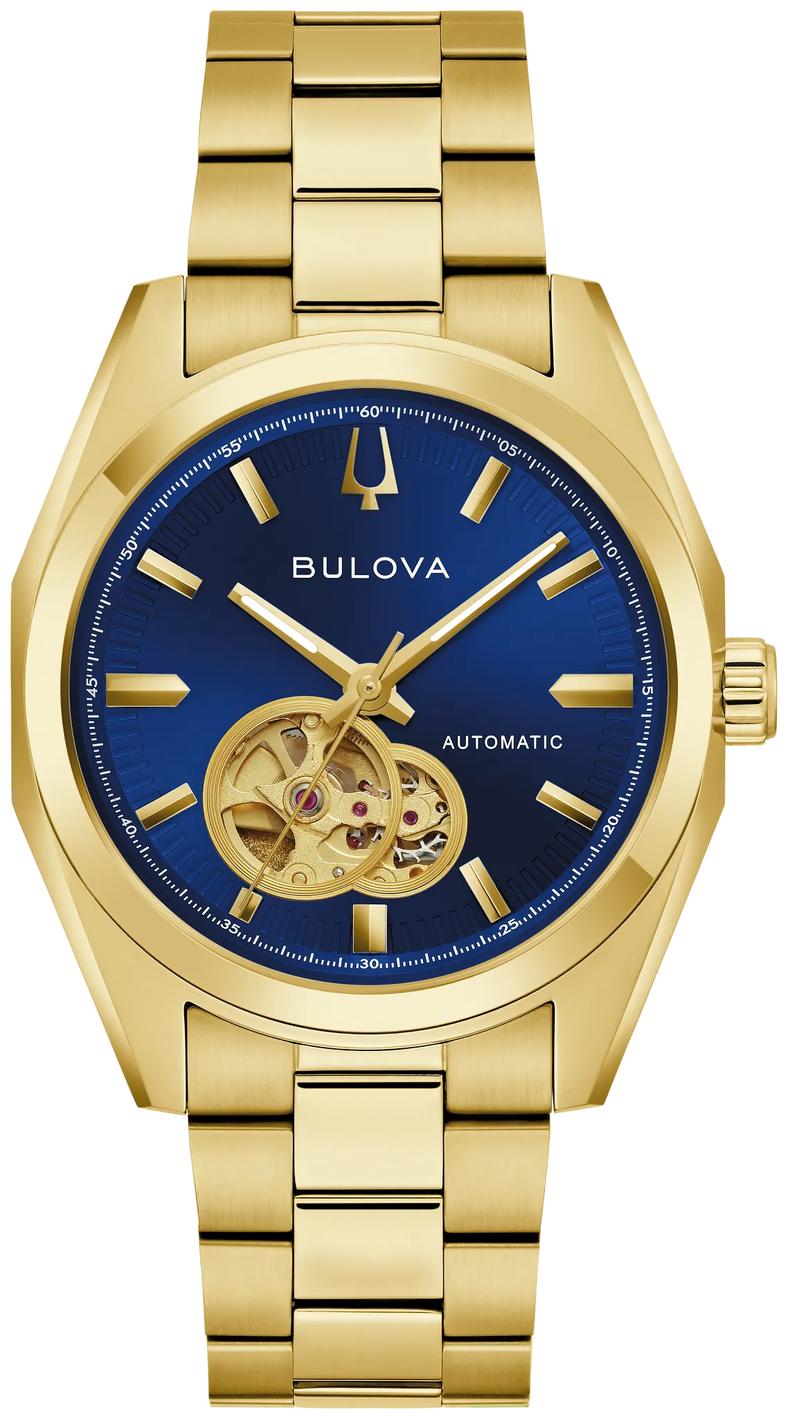 Bulova Surveyor 97A203 automatic men's watch with blue dial and gold-tone stainless steel bracelet — front view