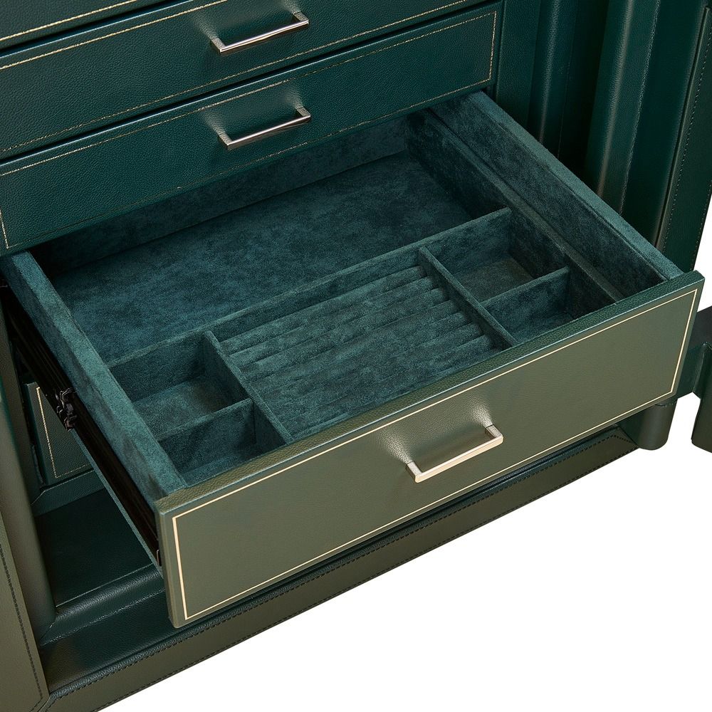 WOLF Athos 12 Piece Watch Winder Safe in Green, open LusterLoc drawer with ultrasuede trays