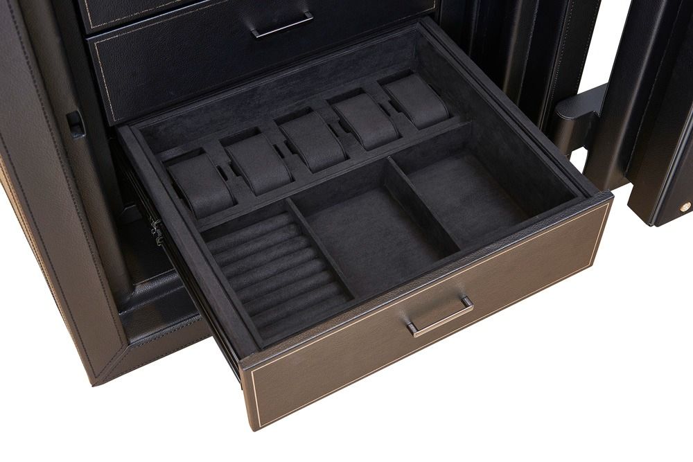 WOLF Athos 20 Piece Watch Winder Safe in Black, open LusterLoc drawer with ultrasuede trays