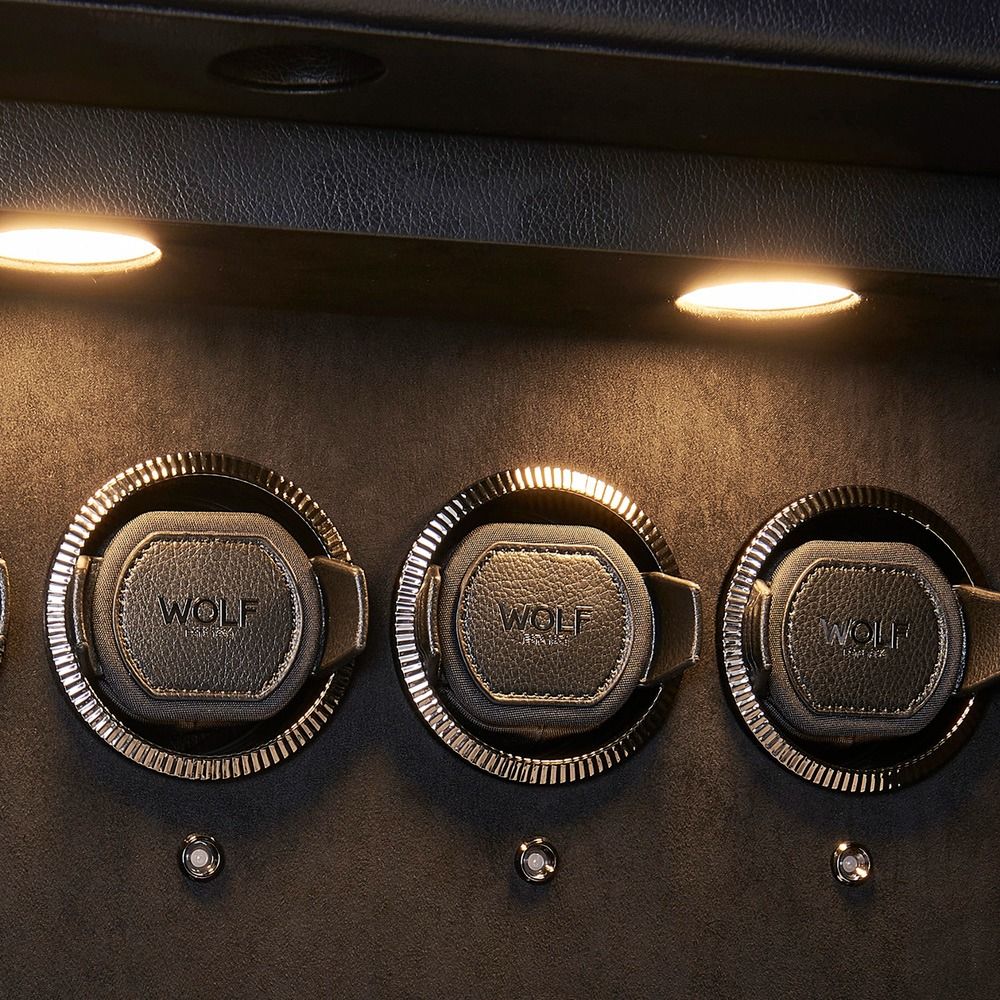 WOLF Athos 20 Piece Watch Winder Safe in Black, close-up of the lit watch winder modules