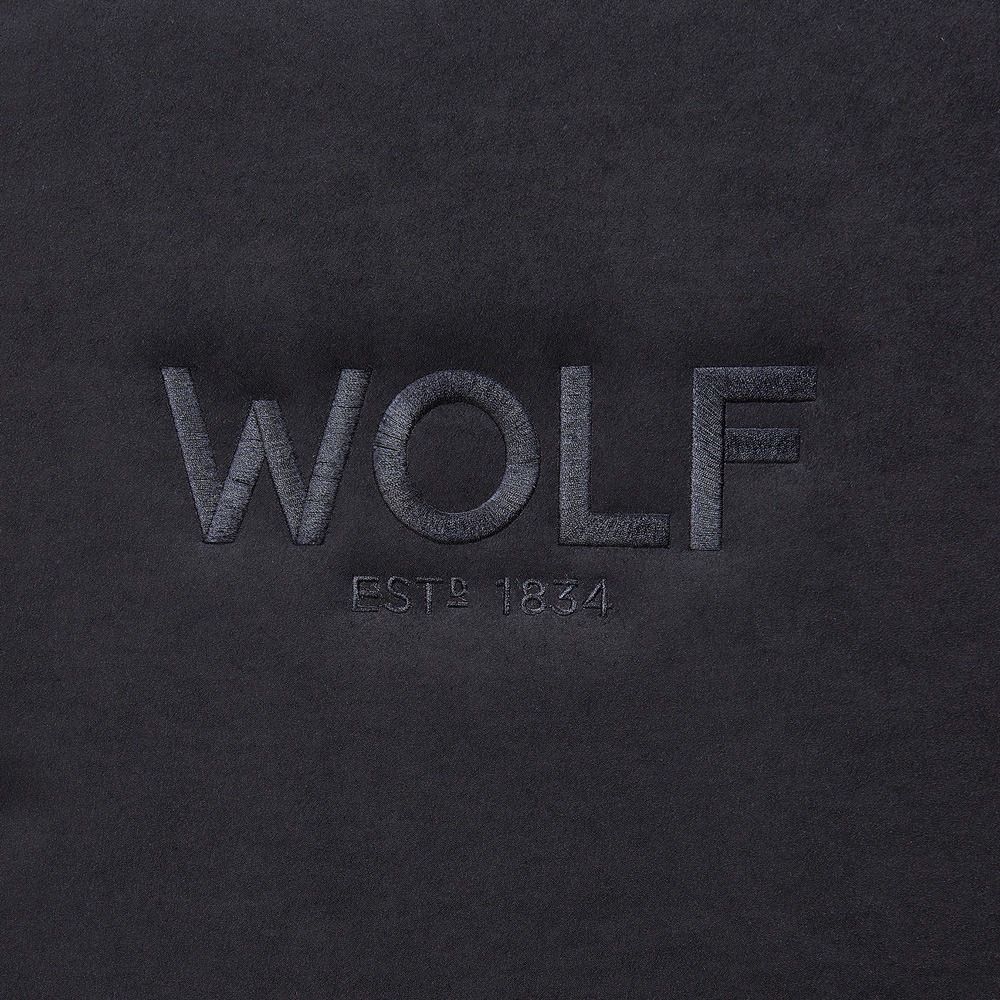WOLF Athos 4 Piece Watch Winder Safe in Black, embossed WOLF logo on the ultrasuede lining