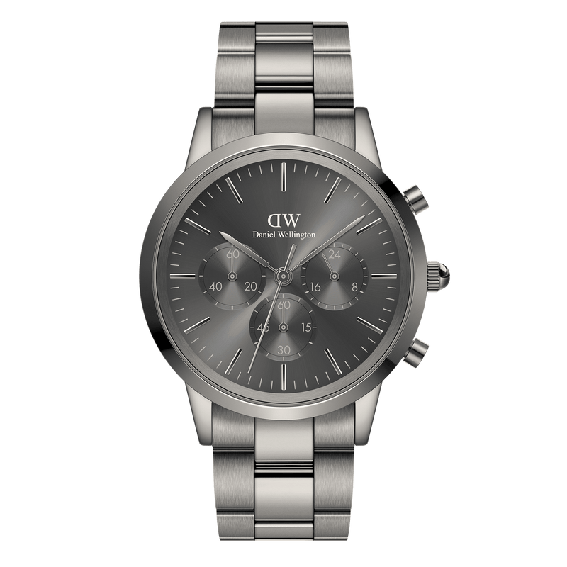 Stainless steel chronograph wristwatch with a dark gray dial and three subdials.