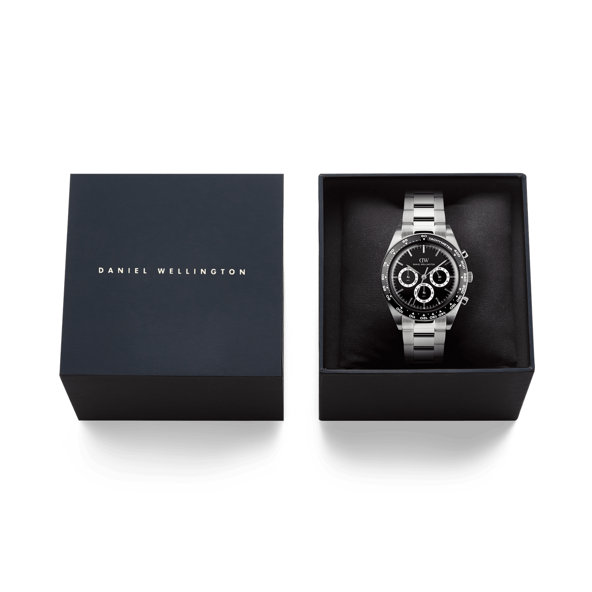 Daniel Wellington Iconic Tachymeter 3-Link Black Silver DW00100947 men's watch with black plain dial and silver link strap