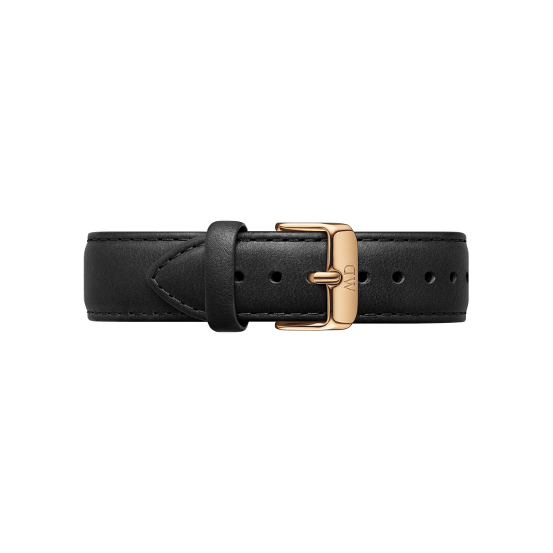 Black leather watch strap with a gold-toned buckle.