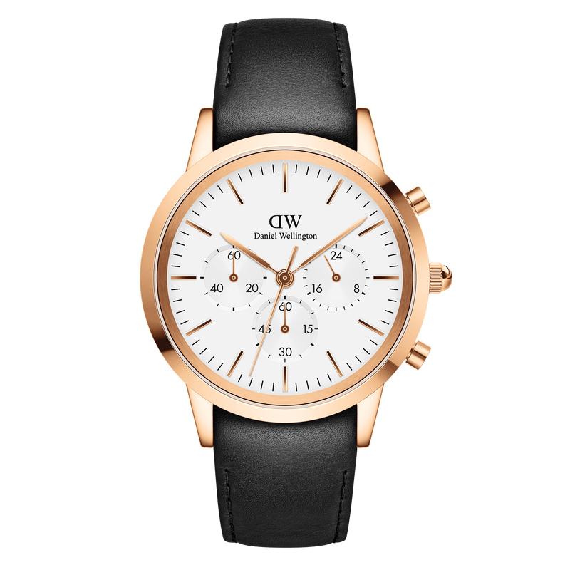 Elegant wristwatch with a white dial, rose gold case, and black leather strap.