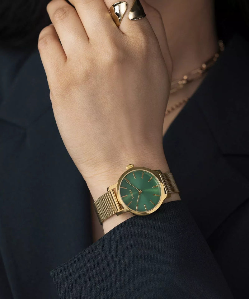 Timex Transcend 31 毫米金色表壳和表链搭配绿色表盘 TW2W87300