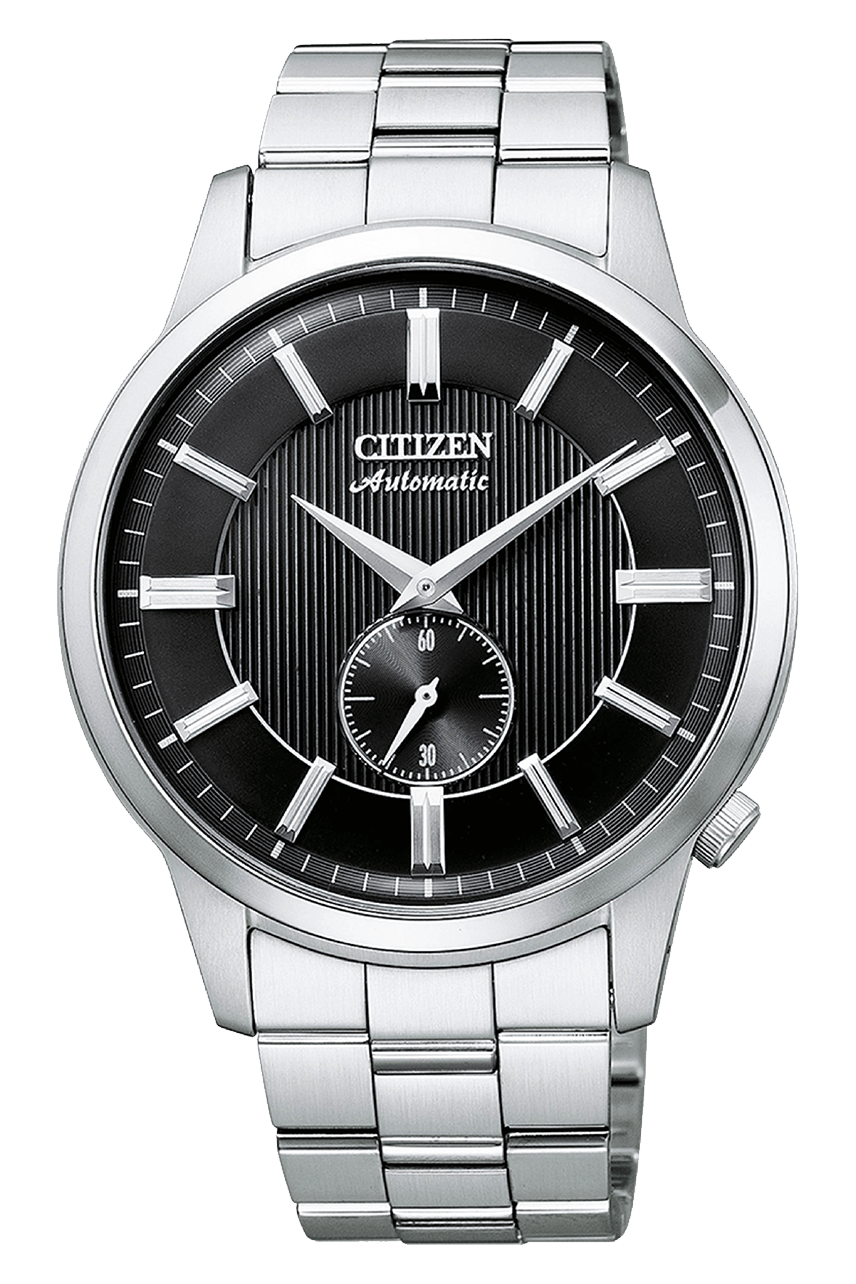 Sleek silver wristwatch with a black dial and metal bracelet.