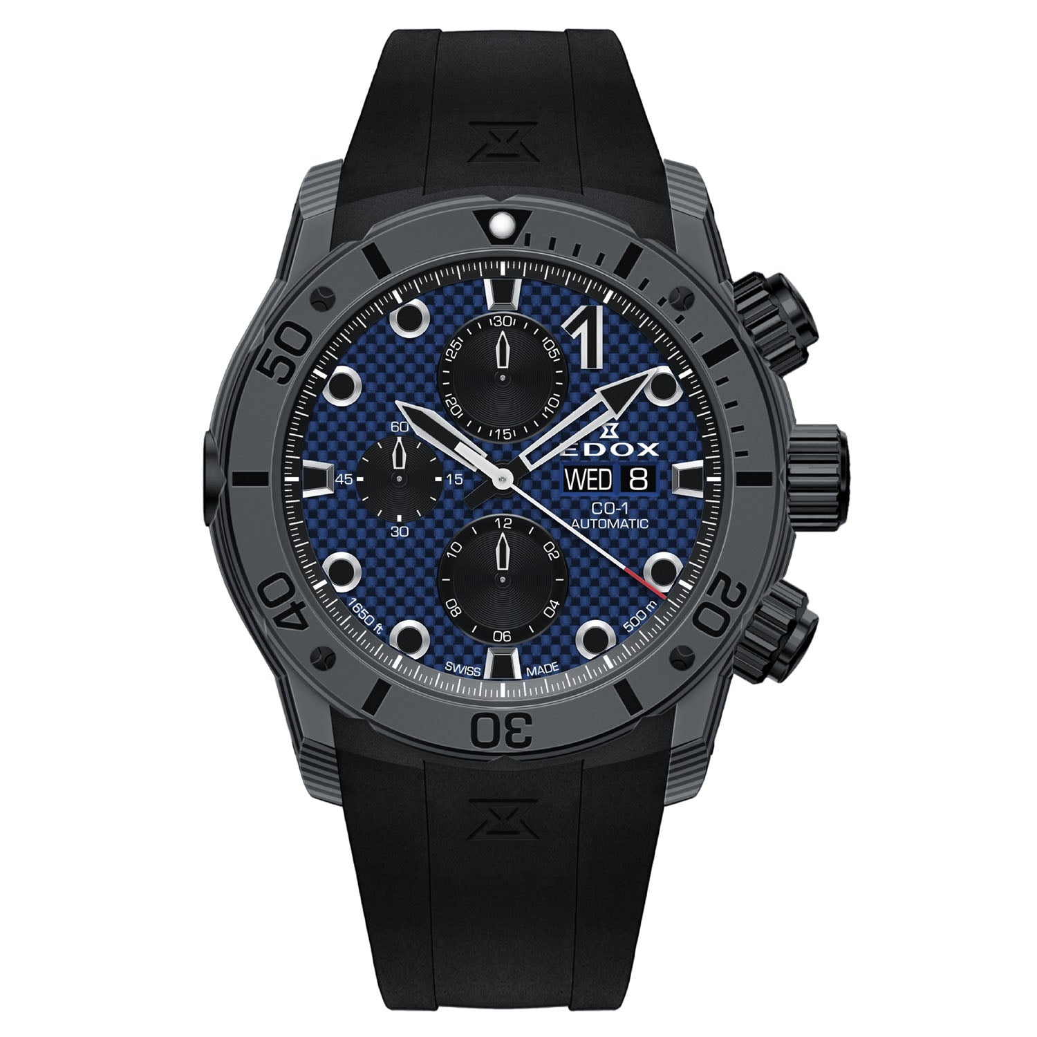 Black and blue chronograph wristwatch with a rubber strap.