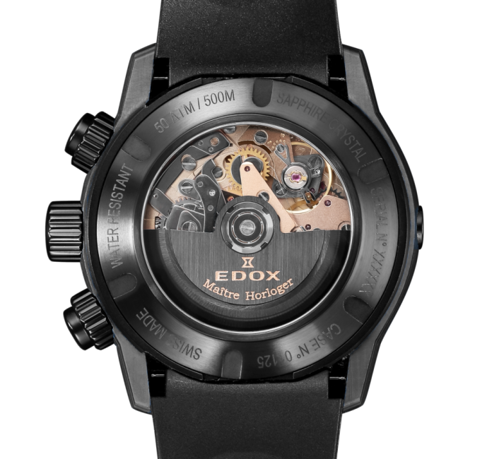 Back of a luxury mechanical wristwatch showing its intricate movement through a transparent case back.