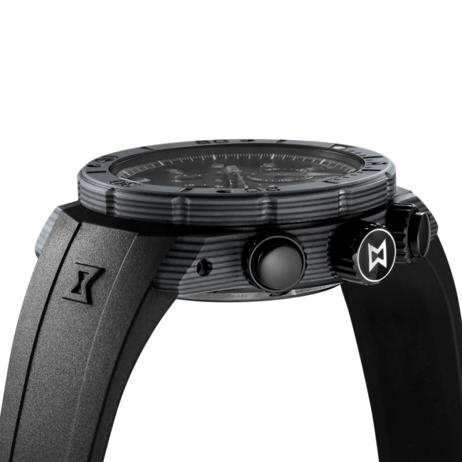 Sleek black wristwatch with a textured bezel and side buttons.