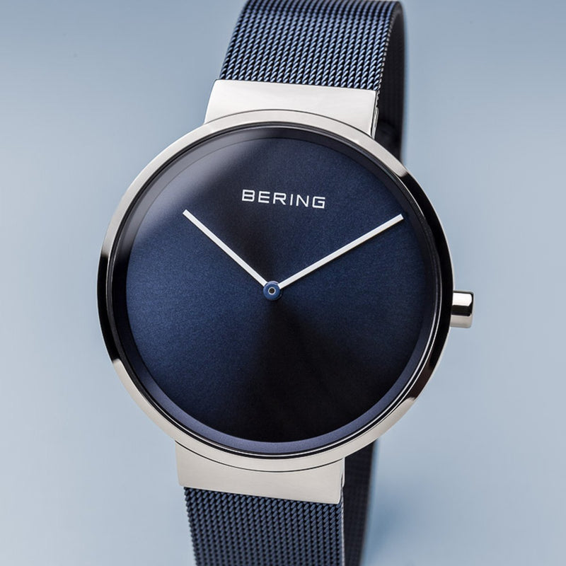 Bering Classic Brushed Silver Blue Milanese Mesh Watch