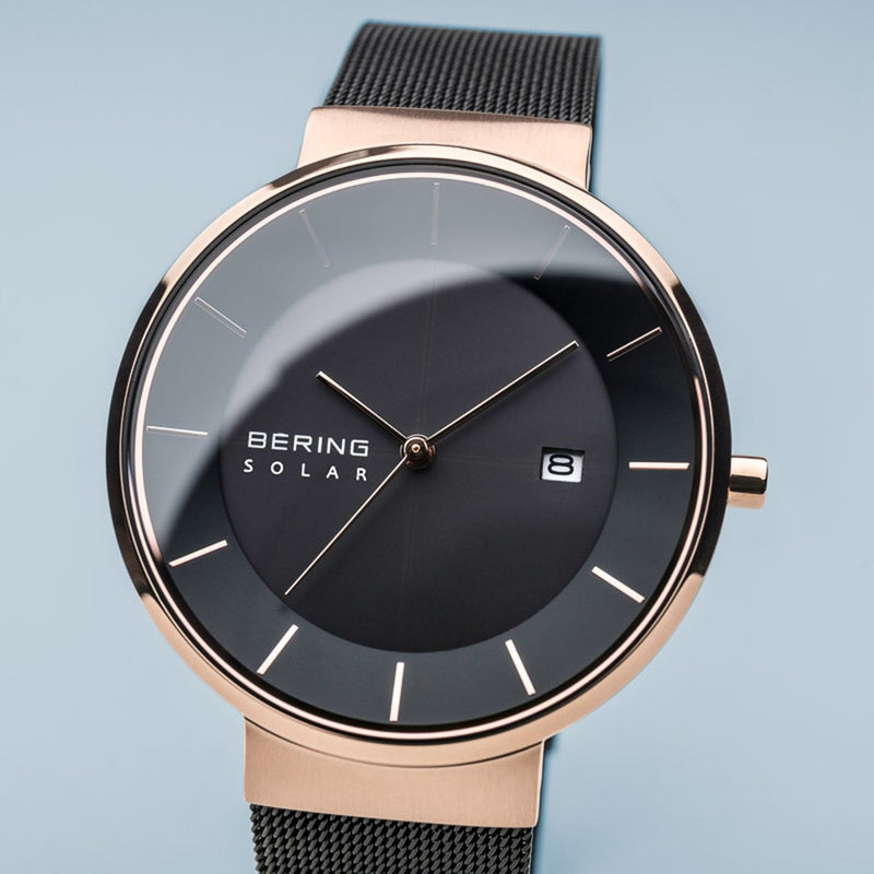 Bering Solar 抛光玫瑰金黑色网眼手表