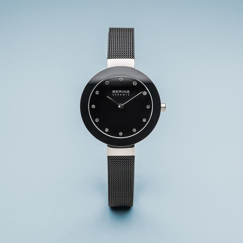 Bering Ceramic Polished Silver Slim Black Watch