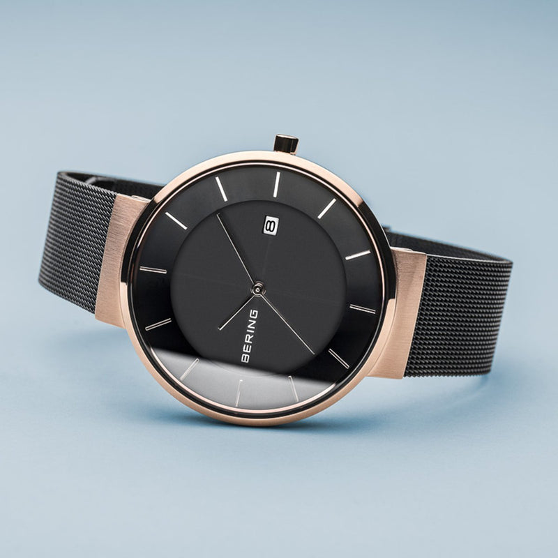 Bering Solar Polised Rose Gold Black Mesh Watch