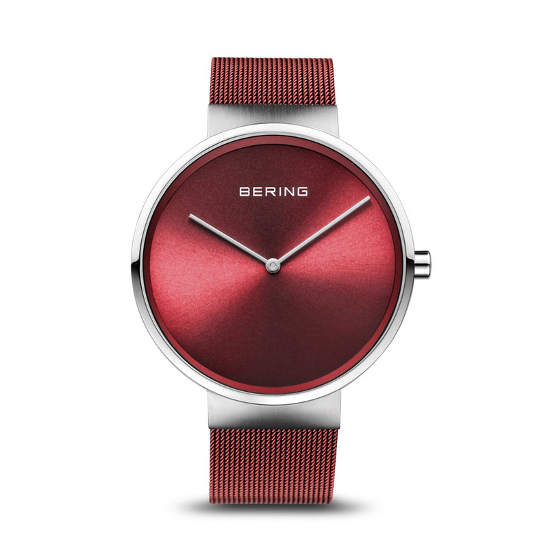 Bering Classic Brushed Silver Red Mesh Watch