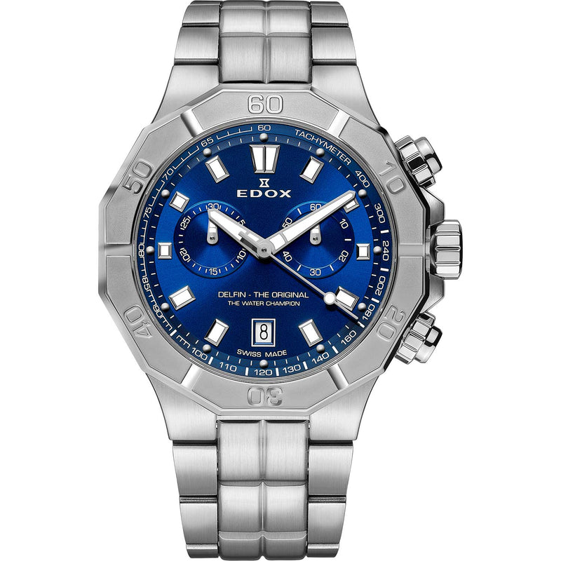 Stainless steel wristwatch with a blue dial and chronograph subdials.