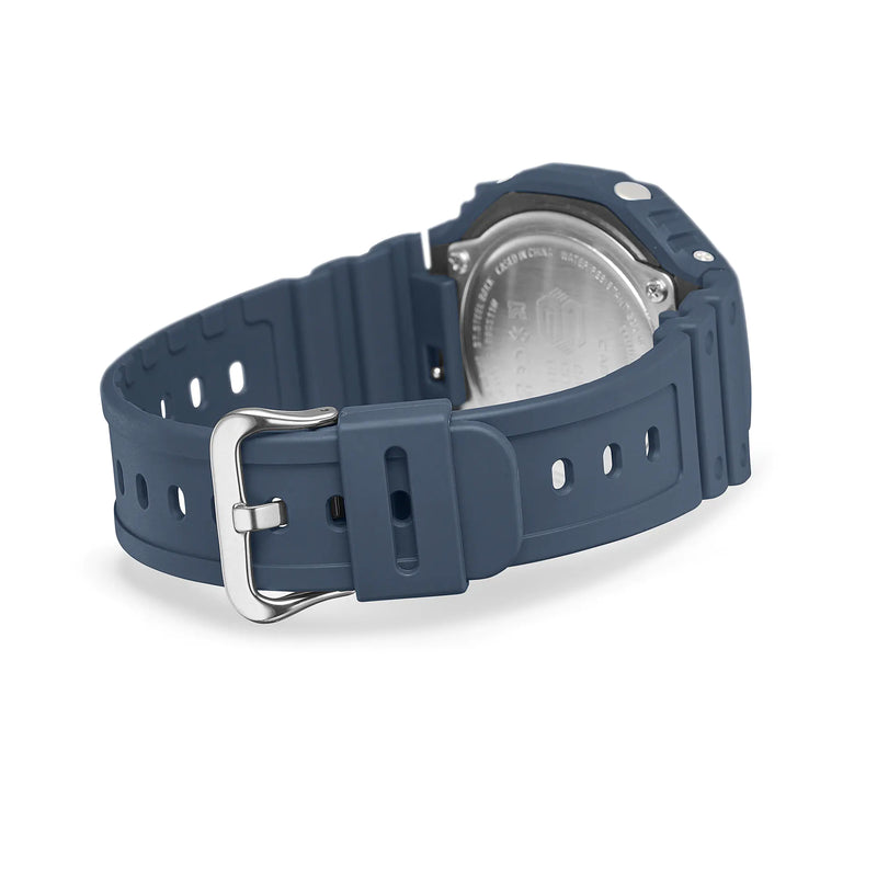 Navy blue rubber watch strap with a silver buckle.